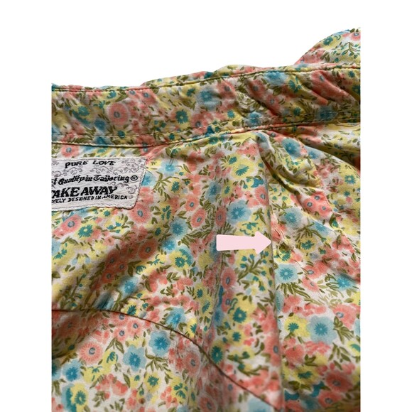 Vintage 90s Shirt Button Up Collar Short Sleeve Floral Yellow Pink Blue Cotton M - Picture 7 of 16